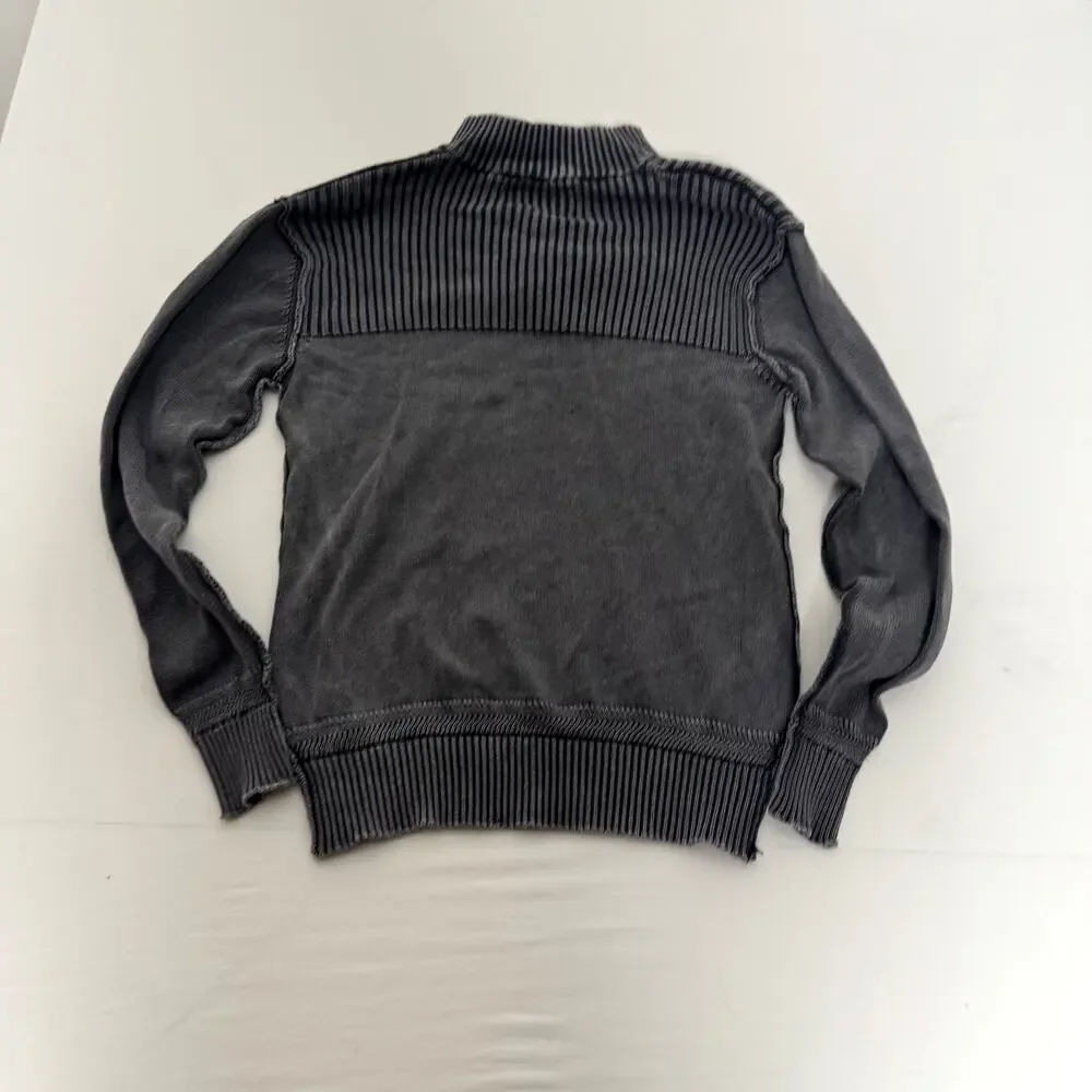 KE Distressed Knit Sweater Mens Medium Gray Mock Neck Button Pullover‎ Buckle